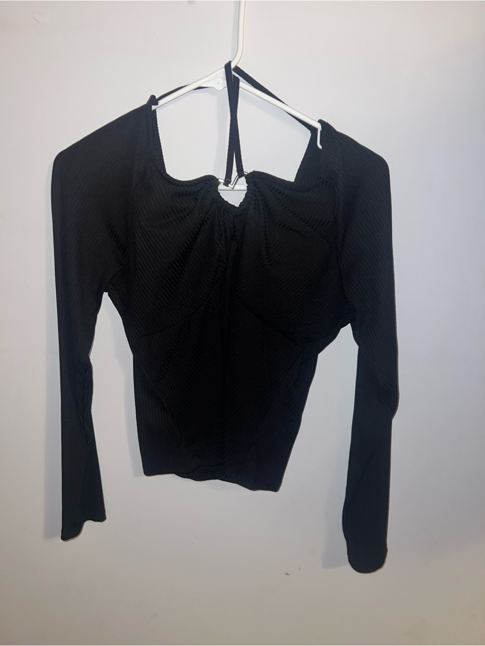 Black Long Sleeve Ruched Halter Women's Top